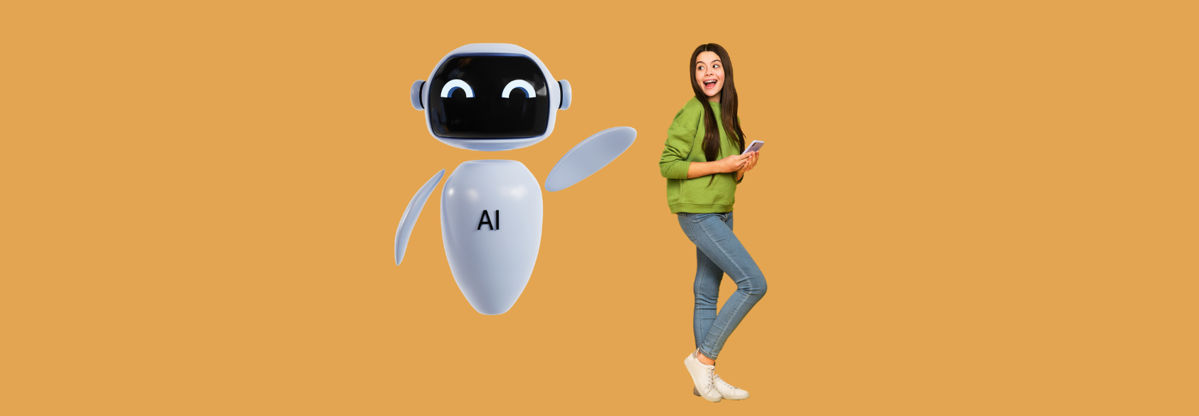 Composite trend artwork 3D sketch image photo collage of robot assistant artificial intellect young lady stand smile hold smartphone blog stock photo